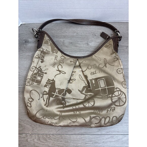COACH HORSE AND CARRIAGE SATIN PURSE BAG TAN WITH DARKER TAN CARRIAGE READ - Picture 4 of 11